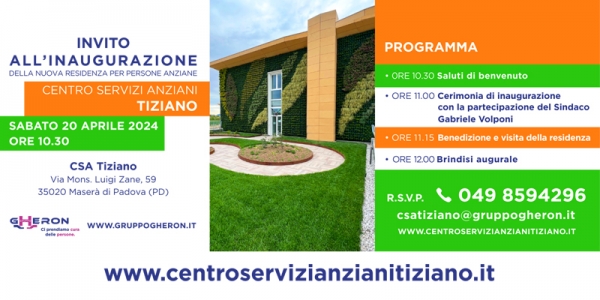 MASERÀ DI PADOVA: SABATO 20 APRILE L’INAUGURAZIONE DEL NUOVO CENTRO SERVIZI ANZIANI TIZIANO.