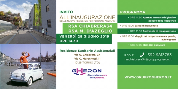 Le nuove RSA di Gruppo Gheron a Torino: inaugurazione il 28 giugno 2019 dalle ore 14.30