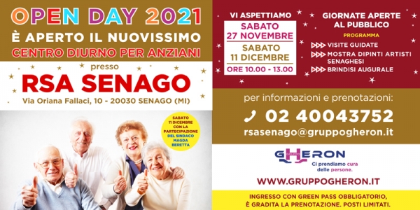 DUE APPUNTAMENTI CON &#039;&#039;OPEN DAY&quot; AL NUOVO CENTRO DIURNO PER ANZIANI PRESSO LA RSA SENAGO: 27 NOVEMBRE E 11 DICEMBRE 2021